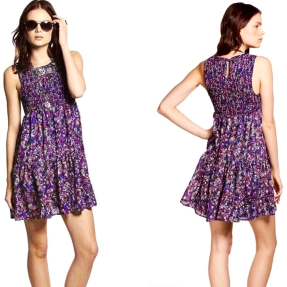 Princess Vera Wang sleeveless blue purple floral smocked bodice tiered dress